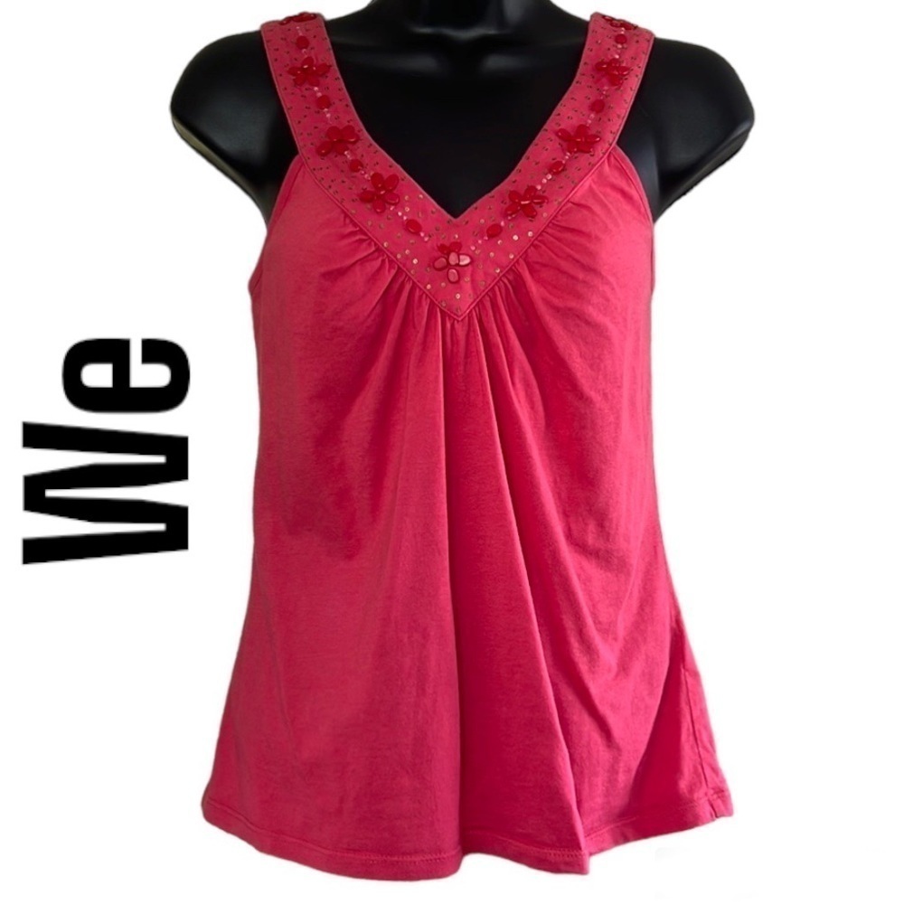 We Women’s Bright Rose Sleeveless Beaded Collar V-Neck Tank Top Size L